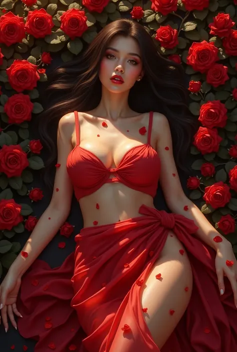 Brunette, very long hair, beautiful woman, red see through saree, huge breasts, no nipples, flower petals in place of nipples, lying in a red rose garden, topless, big ass, no clothes, surrealism, golden hour, hyper realistic clear watery white cum on ass,...