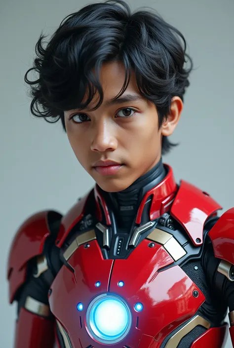  detailed portrait of a young Malay-Indonesian boy , 19 years old. Do body portrait ,  with wavy black hair and some white highlights , brownish skin,  wearing a red and white exoskeleton robot suit with a robot face on his body,  blue LED lights in the ch...