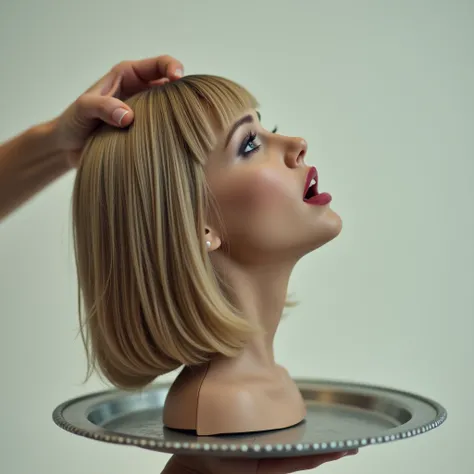 Pictureof a beautiful, young, dead womans severed head is on a silver tray. Side view of the head. The head is crooking to the side. She has beautiful, straight, thick, smooth, silky, dark blonde bob hair, with bangs. We see her from side view. A hand is g...