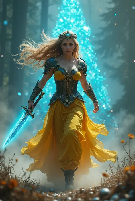 materialized as a valor and regal Viking Beautiful, muscular slavic Woman captured in runnig with Gold long hair and tiara with ornamental magic flower knapweed same as gown in Cobalt Yellow and crystal, in ornamental Gown with armour plates in battle pose...