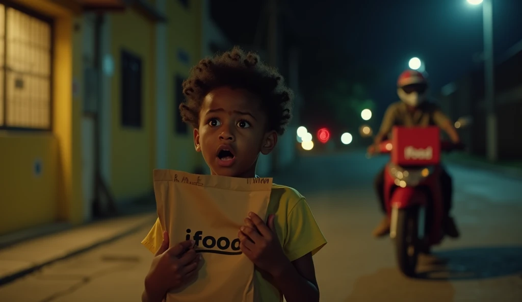 A hyper-realistic and cinematic depiction of a beautiful young Black , standing on a dimly lit Brazilian street at night, holding a brown paper bag with the iconic iFood logo clearly printed on it. The s wide, light-colored eyes are filled with fear and sh...