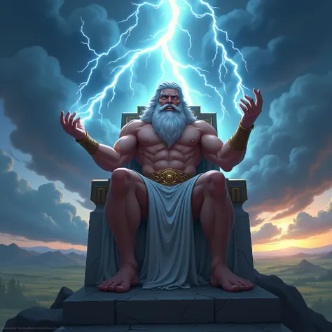  Zeus watching from Olympus 

"Zeus,  with an expression of anger and frustration ,  sitting on his heavenly throne surrounded by stormy clouds,  with rays shining in his hands . In the background,  you can see the fields of Crete from the perspective of O...