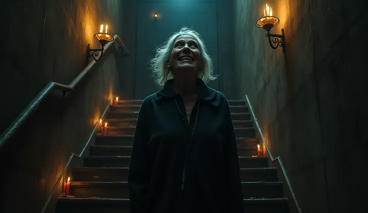  A grandmother is at the top of a basement stairs ,  with a disturbing expression .  His face is human , and her smile is too wide , with something unnatural about her .  The scene is illuminated by the flickering light of candles from below