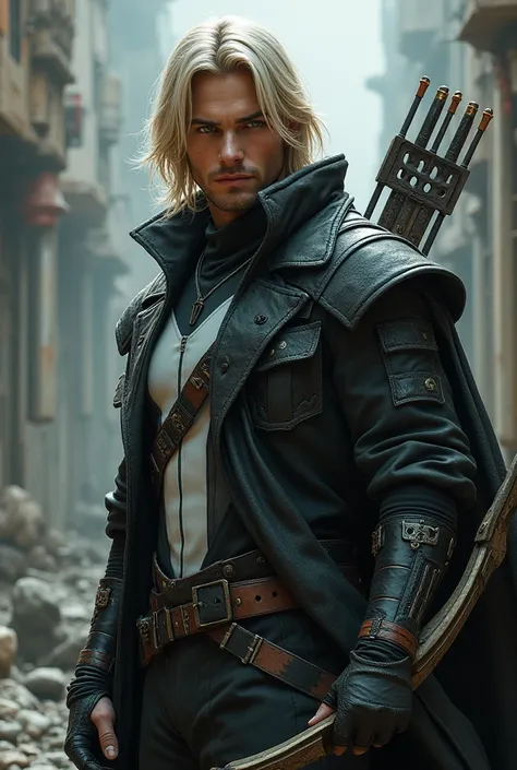 man, hero, Archer,  dark blond hair and long ,  uniform black white and gray, wearing a leather robe , realistic, cyberpunk 