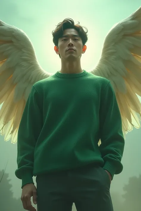 Tall Korean man, square face shape, brown eyes, green sweater, angel wings