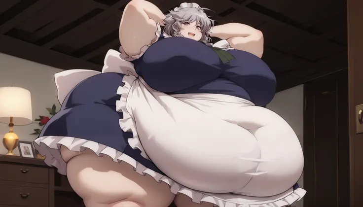 masterpiece、 best quality， very sophisticated、 pantyhose ，（from below ：1.25），Sakuya izayoi，East，alone，Maid head dress、Maid，apron，Short sleeve， dress, Gray Hair, chubby, obese, gigantic arms and legs, large breasts open mouth, elegant sexy pose to the viewe...