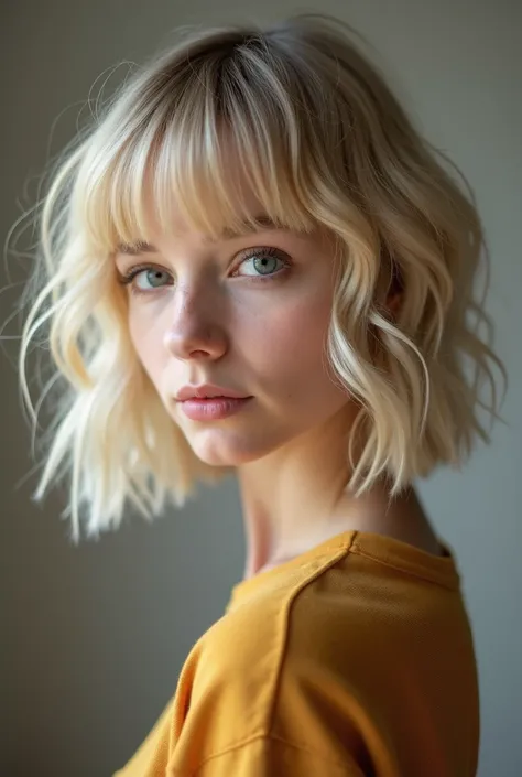 arafed woman with blonde hair and bangs posing for a picture, a girl with blonde hair, profile image, around 1 , she is about 1 , 18 years old, 19-year-old girl, 🤤 girl portrait, with bangs, 1 , with short hair with bangs