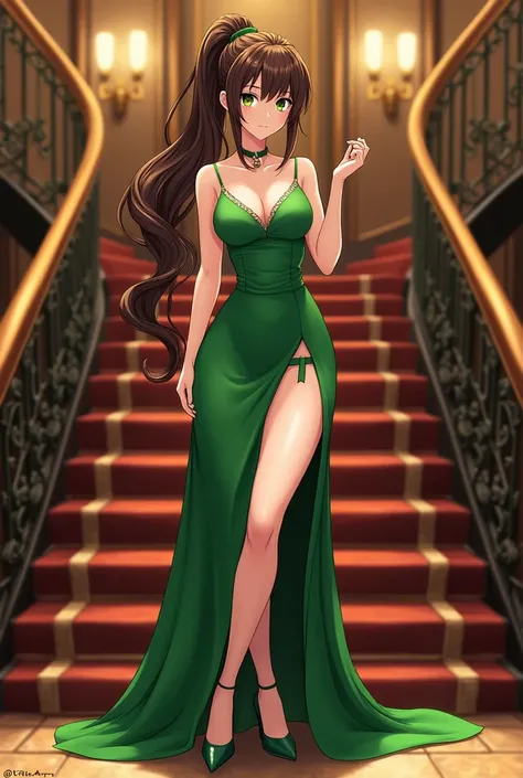 Lita Kino beautiful woman sexy adult anime ,  smiling , green eyes long brown hair tied in a high ponytail green dress sleeveless sleeveless shoulder cut leg slit green heels elegant at the foot of the stairs in the party room, Full body anime style