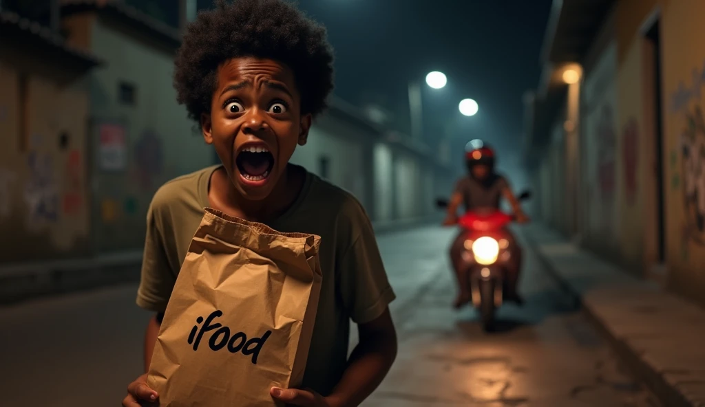 A hyper-realistic and vividly detailed depiction of a terrified young Black  standing on a dimly lit Brazilian street at night, clutching a crumpled brown paper bag with the iconic iFood logo prominently displayed. The ’s light-colored eyes are wide with s...