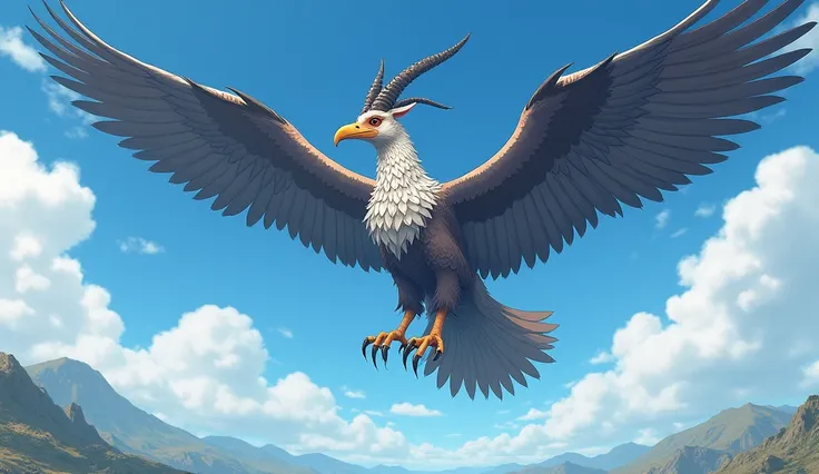 a white creature combination of vulture and goat, the creatures legs are look like goats legs, the creatures has two small hands like birds legs, the creature has 4 wings, anime style, the creatures size is equal to a mountain, the creature is flying