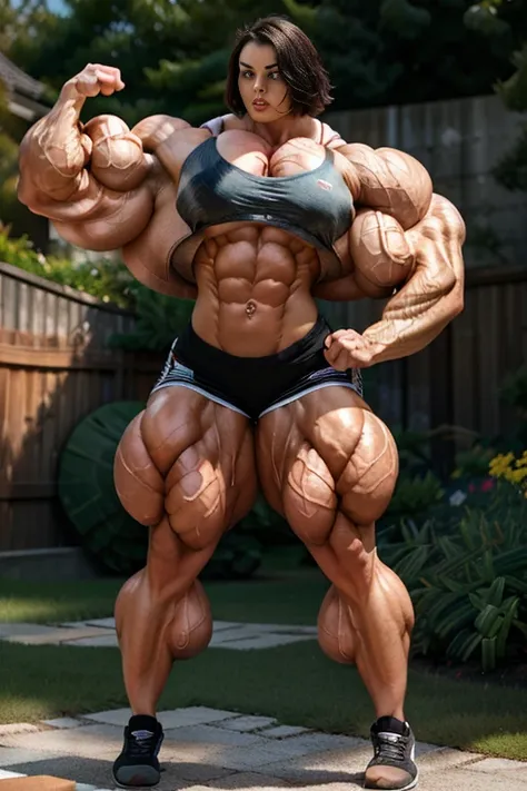 1) Most muscular biceps pose, (big lips:1.4), (big muscles:1.7), (huge trapezious muscles pumped:1.8),  (tank and shorts:1.7), (biceps flex:1.8), (small bobs:1.9), (slim and tiny:1.0), (large shoulders:1.9), (big pumped biceps:1.8), MARGOT ROBBIE teenaged ...