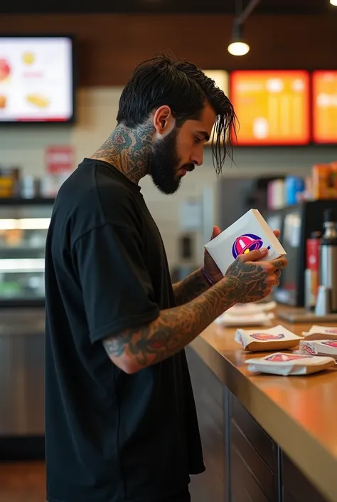  Latin model boy athletic physique wet hair short beard sculpted jaw full of tattoos wears an oversized black t-shirt and loose black pants,  is distracted buying by the saleswoman while holding white packages with the Taco Bell logo in a Taco Bell restaur...