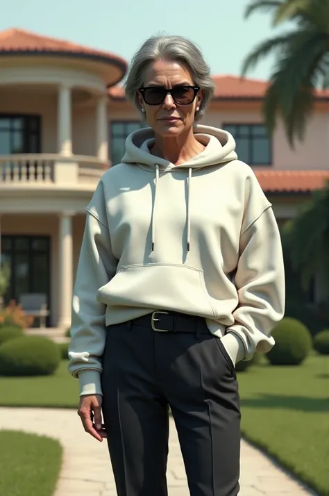 Make a 3D 61  years gangster woman which is standing on the floor and wearing  white hoodie and black pant and wearing  black glasses there was a beautiful villa in the background 