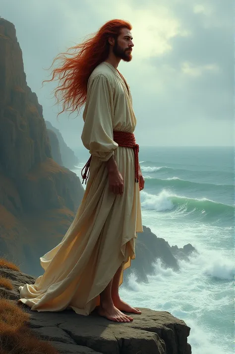  Man with dark reddish hair on his back ,   wears a beige ankle-length nightgown and a reddish rope belt around his waist, is standing on a cliff . medieval style