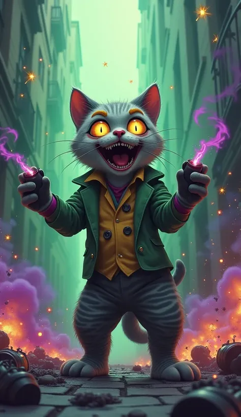 The Clown of Chaos, an imposing anthropomorphic cat with pale gray fur and dark stripes, standing in an alley, tossing colorful grenades that explode in bright green and purple smoke. His glowing yellow eyes are wide with excitement as he watches the chaos...