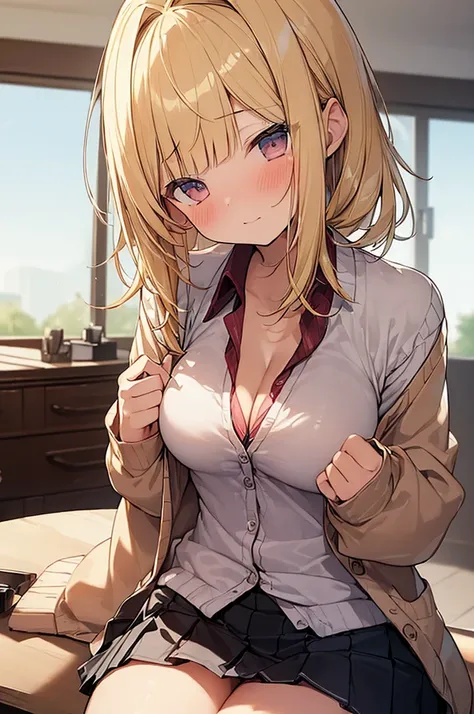 (Masterpiece, Top quality: 1.5),  (nsfw:1.2), 1 beautiful girl, sitting, (blonde:1.3), medium Hair, wavy Hair, blunt bangs, silky hair, junior high school student, standard weight, large breasts:1.2, (shirts, cardigan, pleats skirt:1.3), happy, (blush:1.2)...