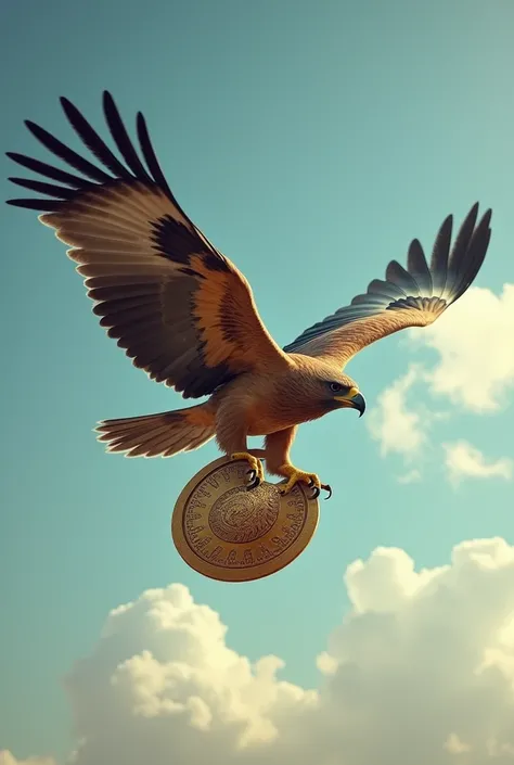 Full body view from below ,  Of a Hawkeye bird with a Corinthian shield,  side photo, taken with Canon, 