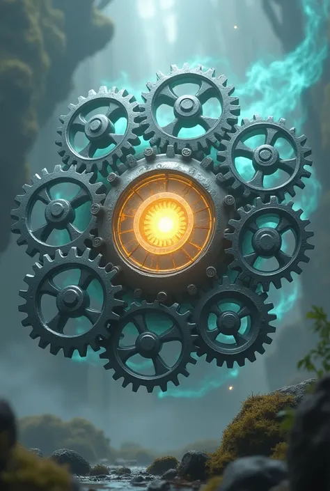 Create an image of a Pokemon with this description :  A small set of floating gears with a glowing core of psychic energy.