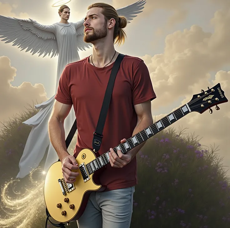 photorealistic, (hyperrealistic:1.2), handsome white man, playing the guitar gibson les paul, masterpiece, best quality, extremely detailed face, perfect lighting, nice hands, perfect hands, A divine and radiant man in celestial splendor, (heavenly presenc...