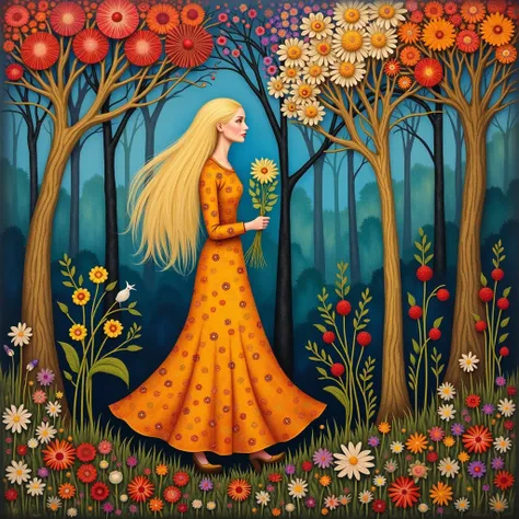  Patchwork por Klimt , nicoletta ceccoli, Naoto Hattori, Lawrence Didier, Leonora Carrington from European Woman with Long Blonde Hair and a long , wide skirt,  walking in a beautiful forest with strangely shaped trees and lots of colors, holds flowers and...