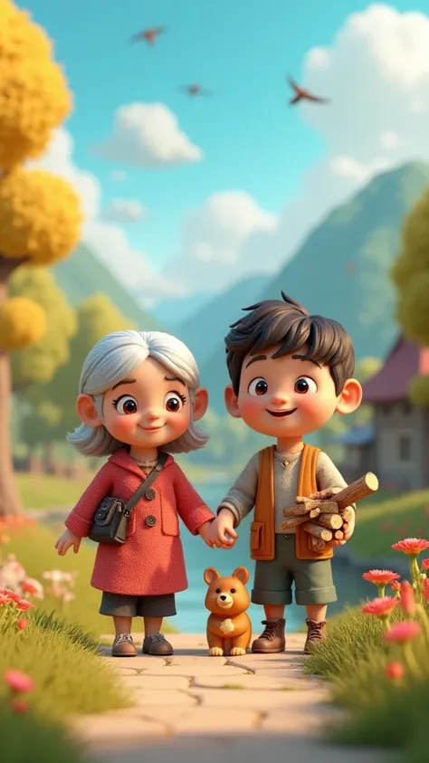 A quiet village with wooden houses surrounded by trees and wildflowers.  The overall style is vibrant and whimsical, with a focus on the captivating and vivid expression of the characters. helps an elderly woman carry firewood. a lady at his side. 3D full ...