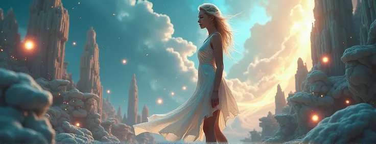 A beautiful star woman wearing a short silk dress stands to the right of the picture in front of a fantasy world