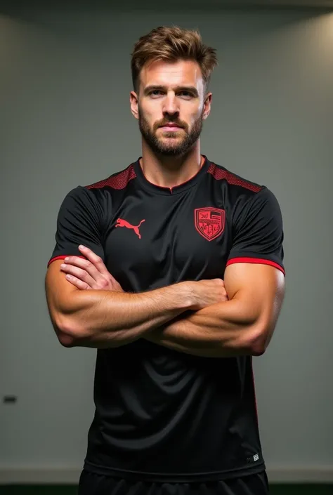 Handsome player in the training center. Wearing a black jersey with red accents that accentuate his athletic physique, he is tall, light-skinned and muscular, with short, slightly disheveled brown hair and facial hair that gives him a rugged look; he gestu...