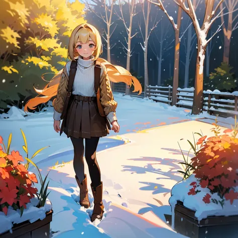 ( High Quality ,  high res, Very detailed, reality:1.37), Peaceful atmosphere, (Outdoor, garden ,snow),  teenage girl standing alone, Beautiful details,  cute smile, (Blonde Bob ), Ribbed sweater,Brown skirt,  black tights ,  brown boots .