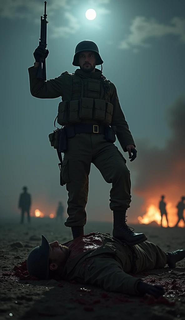 Prompt:
Create a powerful and dramatic image showcasing the British SAS (Special Air Service) soldier’s victory over a French Legionnaire.

The British SAS soldier stands triumphantly atop the defeated French Legionnaire, his battle-worn rifle or combat kn...