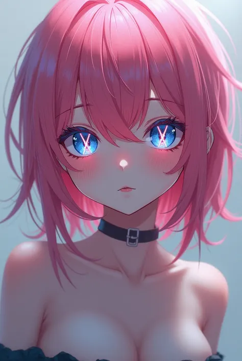 An anime girl with pink hair and blue eyes that has a crimson x pattern in the irises. Make the crimson pattern in her eyes glow a bit and give her a blank expression.