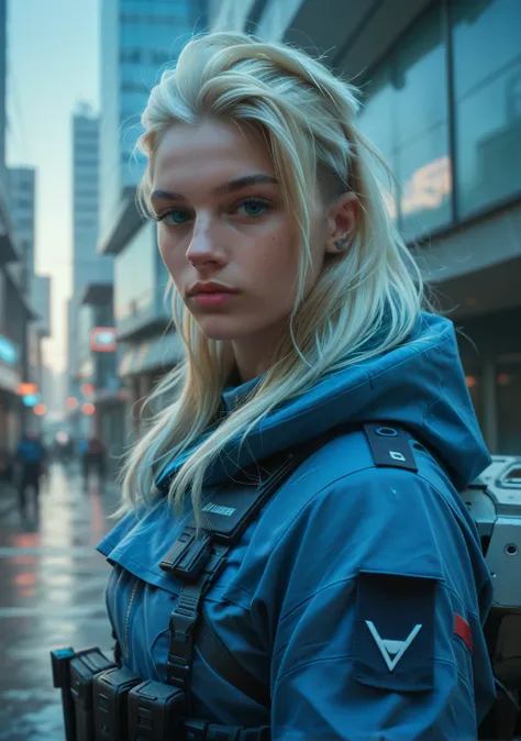 score_9, score_8_up, score_7_up, score_6_up, score_5_up, score_4_up,High-tech futuristic character with Nordic-inspired looks, long blond hair and piercing blue eyes, wearing a sleek combat uniform with tactical gear. A dark cape with light blue highlights...