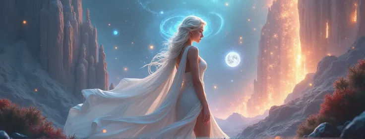 A beautiful star woman wearing a short silk dress stands to the right of the picture in front of a fantasy world