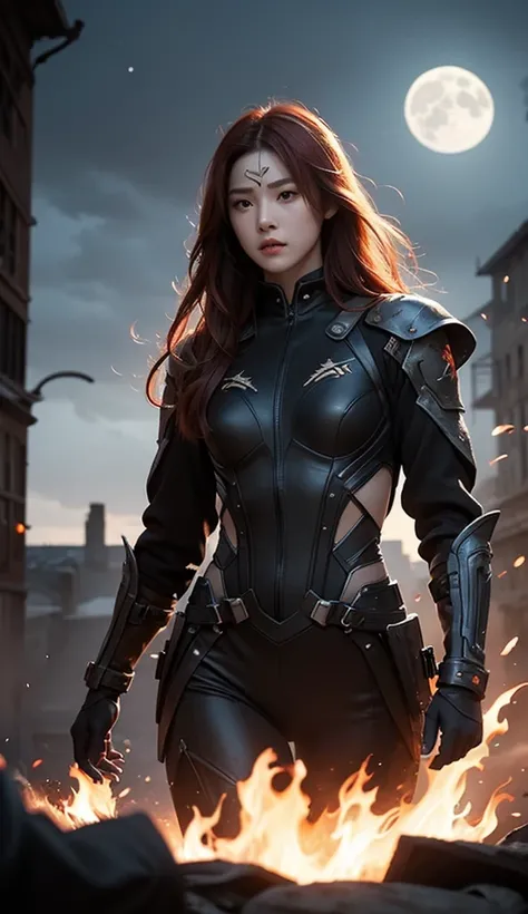  filled with a fan of burning flames ， Wearing a sexy black battle suit ， featuring elements of combat and antique buildings ， holding hands with a fan of burning flames ， shows confidence and a powerful air field 。 The main visual design for card RPGs or ...