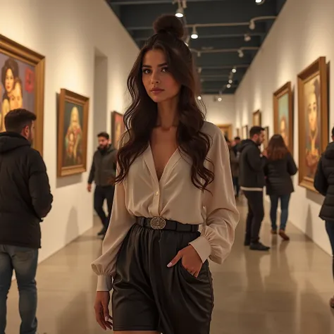 24-year-old Turkish woman with long wavy dark brown hair (sometimes in a bun, sometimes open), tanned skin, and brown eyes, with light makeup, **under soft and natural light**, walking in an art gallery in Izmir, looking at the paintings. She is wearing a ...