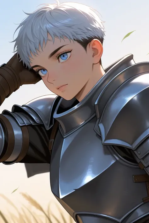 Character wearing Berserk Armor with blue eyes and short hair. 4K. full hd.