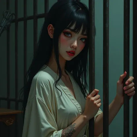 
 The image is a digital art of a young and attractive woman standing holding the bars of the old and dark style zelds. 


 details :

* **The woman:**  has long black hair ,  dark eyes and wears an ivory-colored robe .  Her expression is tired and sad , a...