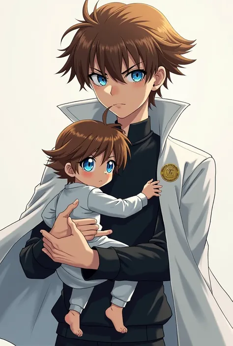 1 boy, seto kaiba, epic pose,, brown hair, black shirt, white jacket, half body, baby in ars wihb blue eyes and brown hair