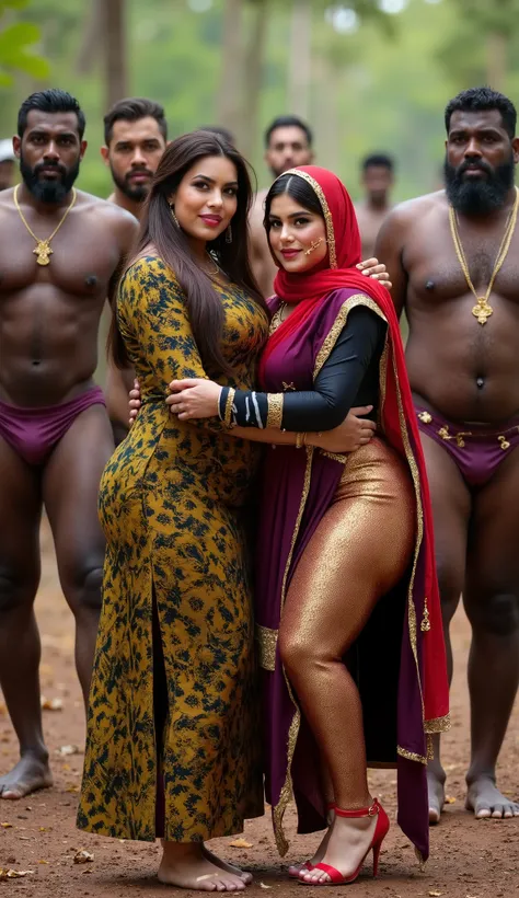 I am 40 year old plus size tall and big giant indian muslim women, looking like indian actress hansika motwani, wearing a gold amd black boarded kurti and shining reflective glossy cyan ankle length leggings and red hijab,white-skin,white skin tone, beauti...