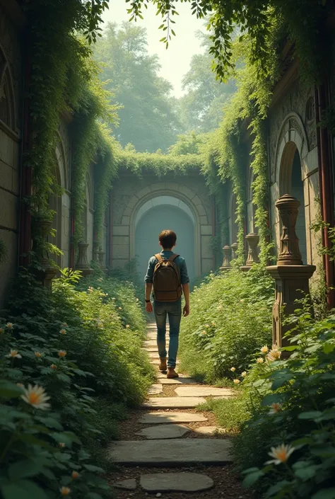 Lucas entering an abandoned garden 