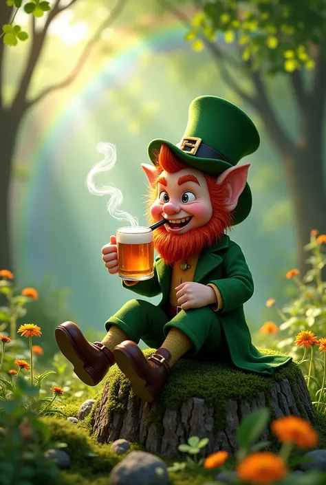 a leprechaun smoking and drinking beer