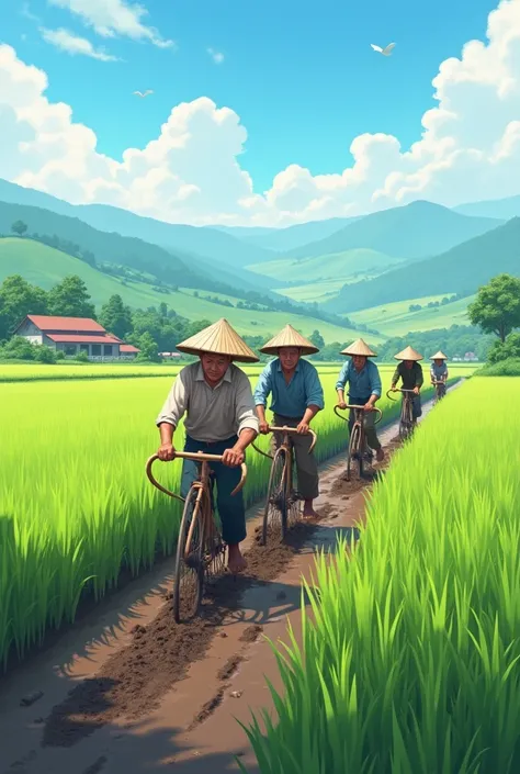 The farmer plows his rice again with his farmer friends