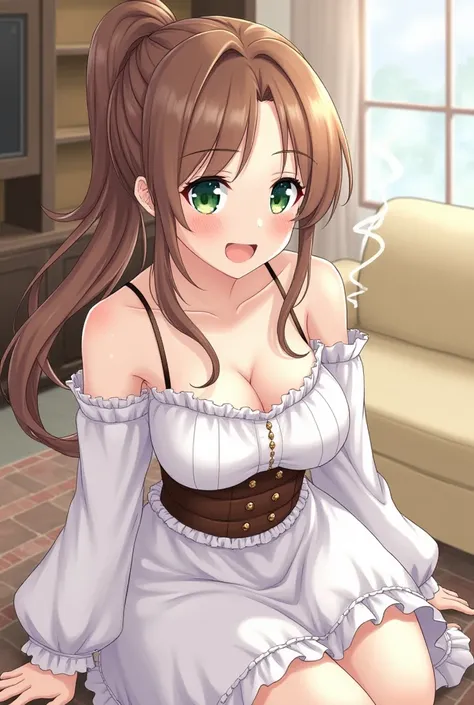  score_9,  score_8_above,  score_7_above,  score_6_above,   source  _animated,  rating _explicit, 1 girl,  huge breasts , brown hair ,  long hair,  Hair over the shoulder , Blue eyes,  green eyes, sideburns, Low ponytail ,  side pigtail,   bare shoulder li...