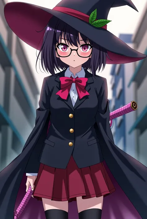 anime young girl  with short, straight dark purple hair she has a cold expression on her face and she wears glasses and has pink sharp eyes. she wears a black school uniform with a red skirt and a black magicians robe. she wears a witchs hat. she has a pin...