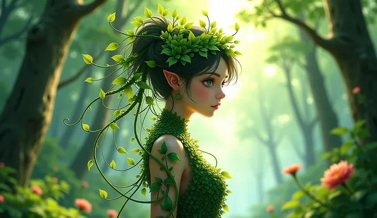 anime forest girl made of nature and leaves