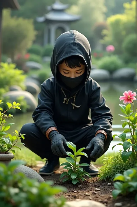 Boy in ninja costume takes care of plants