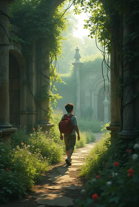 Lucas entering an abandoned garden 