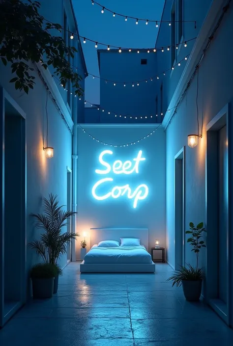  The Alley white tone but in midnight have a white bed inthe end text trok white light and string light at two sides text TROK in front bed add more string light add nature abitadd