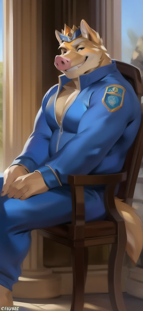  alone, Male tall  ,Big torso ,riding a chair  , Wearing a Royal Crown , Den,pig crocodile , Blue Sportswear Soldier  ,  Overweight ,  muscle bundle ,  Soldier Smiling Blue Tracksuit  , by chunie 