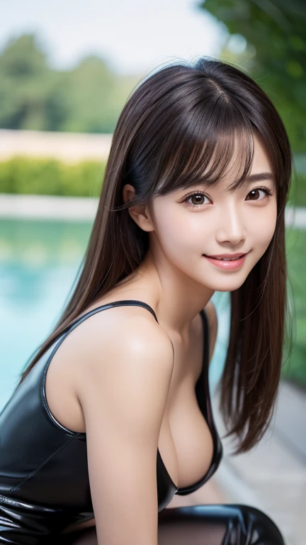 8k,younger sister,so beautiful(Like the real thing),My younger sister is cool and short with very big breasts.,Tone Up, Muscular body,Sexy,Clear narrow eyes,Black Eyes,Cool smile,Long black hair perm,Blue leather combat jacket,Black leather shirt,Black com...