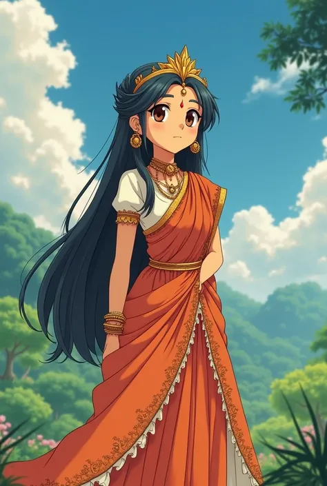 Imagine the country India as a queen in studio Ghibli style anime style. High Resolution, Masterpiece, Accurate, Anatomically Correct, Super Detailed, UHD, Anime, Anime Style, Japanese Illustration Style, 